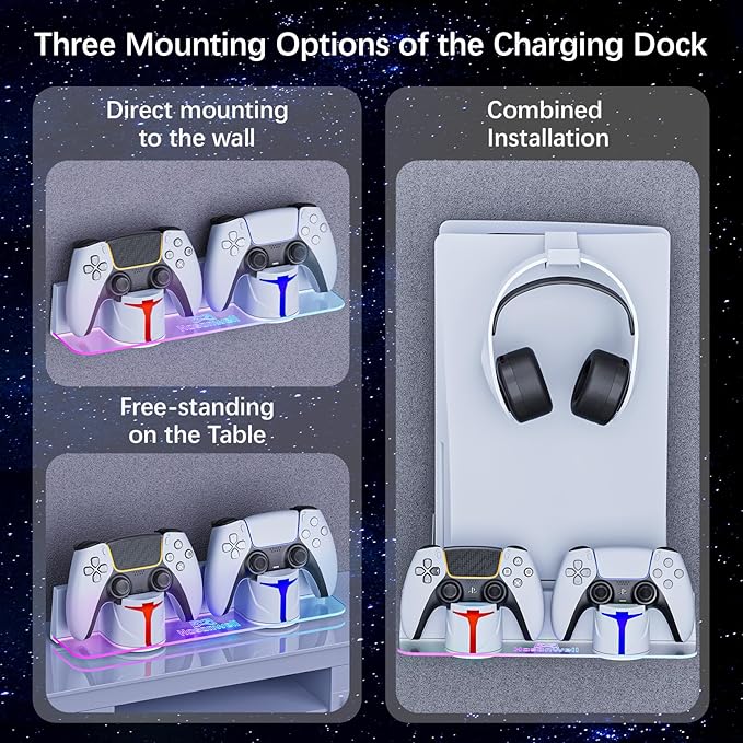 Hosanwell PS5 Wall Mount Kit with Charging Station, Compatible with PS5 Slim Disc & Digital Version, Dual Use Charging Station with Multi-Mode RGB Light, White