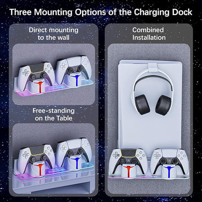 Hosanwell PS5 Wall Mount Kit with Charging Station, Compatible with PS5 Slim Disc & Digital Version, Dual Use Charging Station with Multi-Mode RGB Light, White