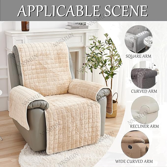 Sofa Armrest Cover, Headrest Cover for Recliner Chair Arm Cover, Winter Square Plush Armchair Slipcover Nonslip Furniture Protector for Pets Leather Sofa Couch (Beige,1 seat(53 * 190CM))