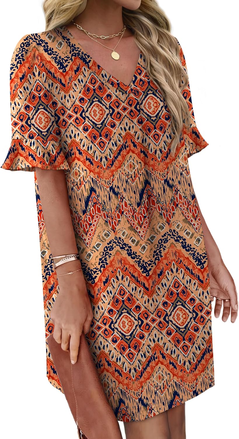 OFEEFAN Summer Dresses for Women Ruffle Short Sleeve V Neck Casual Shift Dress with Pockets .