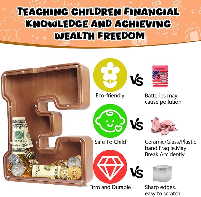 UBeesize 12in Extra Large Wooden Piggy Bank,Letter Piggy Bank for Boys Girls,Money Coin Bank for Kids,Christmas,Birthday,Childrens Gift and Home Office Decoration(S)