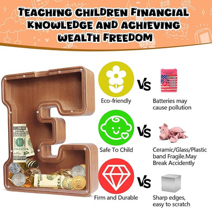 UBeesize 12in Extra Large Wooden Piggy Bank,Letter Piggy Bank for Boys Girls,Money Coin Bank for Kids,Christmas,Birthday,Childrens Gift and Home Office Decoration(S)