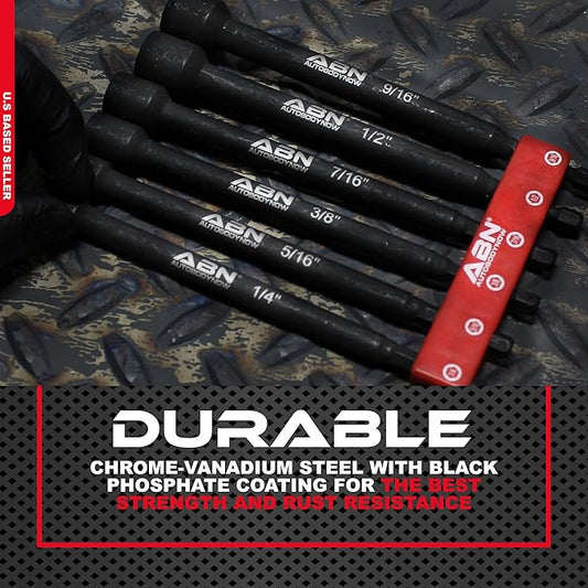 ABN Impact Nut Driver Tool Set - 6pc SAE 6 IN Long Shank Nut Driver Bits Magnetic Tip Sockets, 14 IN Hex Shank