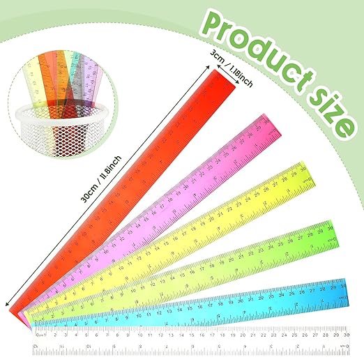 Fumete 300 Pack Clear 12 Inch Plastic Rulers Bulk First Day of School Flexible Transparent Assorted Color Ruler with Centimeters and Inches for Office Teacher Student School Supplies