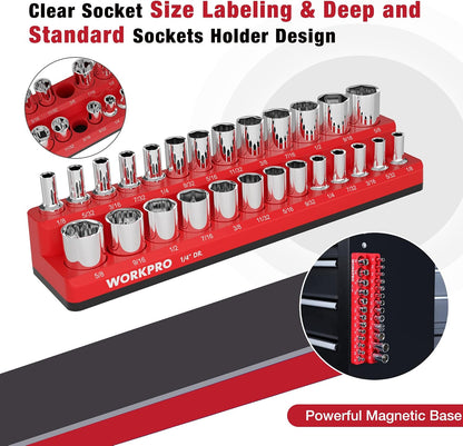WORKPRO Magnetic Socket Organizer, 1/4-Inch SAE Socket Holder, Socket Trays Holds 26 Pieces Standard Size and Deep Size Sockets(Sockets not Included)