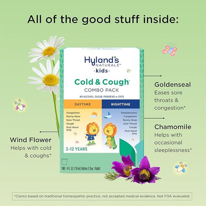 Hyland's Kids Cold and Cough, Day and Night Combo Pack, Cold Medicine for Ages 2 and up, Syrup Cough Medicine for Kids, Nasal Decongestant, 4 Fl Oz (Pack of 2)