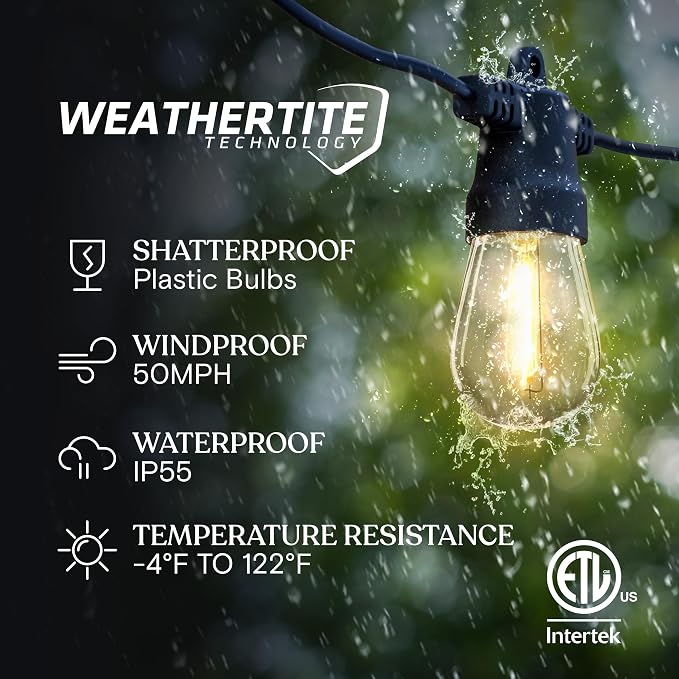 Pro Solar Powered Outdoor String Lights, 54 ft Commercial Grade Waterproof Patio Lights, 15 Edison Bulbs, Shatterproof LED String Lights for Outside, Porch - 1W Soft White