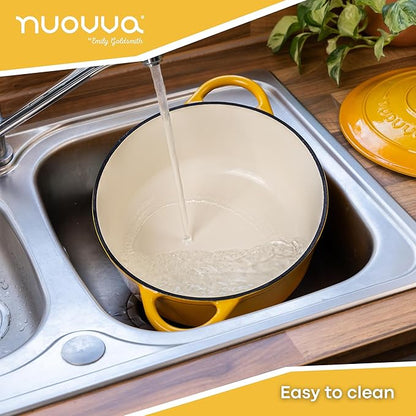 Nuovva Enamelled Cast Iron Dutch Oven Pot with Lid 6.4 Quart Non Stick Casserole Pot – Heavy Duty & Oven Safe up to 500° F for Bread Baking, Braising, Stews, Roasting – 28cm Yellow https://a.co/d/dvc0lyb