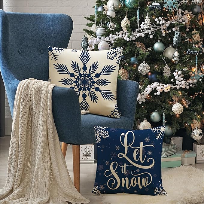Christmas Pillow Covers 16x16 Blue Christmas Decorations Snowflake Throw Pillow Covers Xmas Tree Winter Holiday Decor Cushion Case for Sofa Couch Set of 4