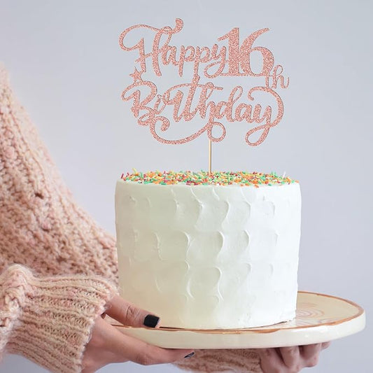 Happy 16th Birthday Cake Topper, Rose Gold Glitter Birthday Sign, 16 & Fabulous Cake Decorations, 16th Anniversary/Party Decoration Supplies