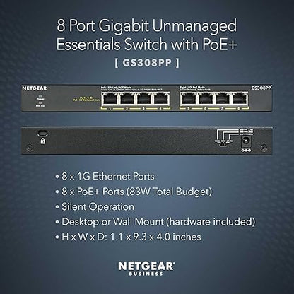NETGEAR 8-Port PoE Gigabit Ethernet Unmanaged Essentials Switch (GS308PP) - with 8 x PoE  83W, Desktop or Wall Mount