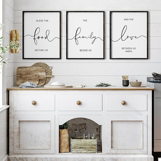Heiple Set of 3 Framed Farmhouse Bless The Food Before Us Sign Kitchen Wall Decor for Dining Room Decor Wall Art Wood Signs