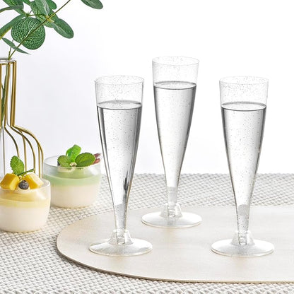 Oasis Creations Plastic Champagne Flute Glasses Set 10 count- 4.5 ounce - Silver Glitter Stem Cups - 2 Pieces - Ideal for Birthday Party, Wedding Reception, Office Parties, and other Celebrations!