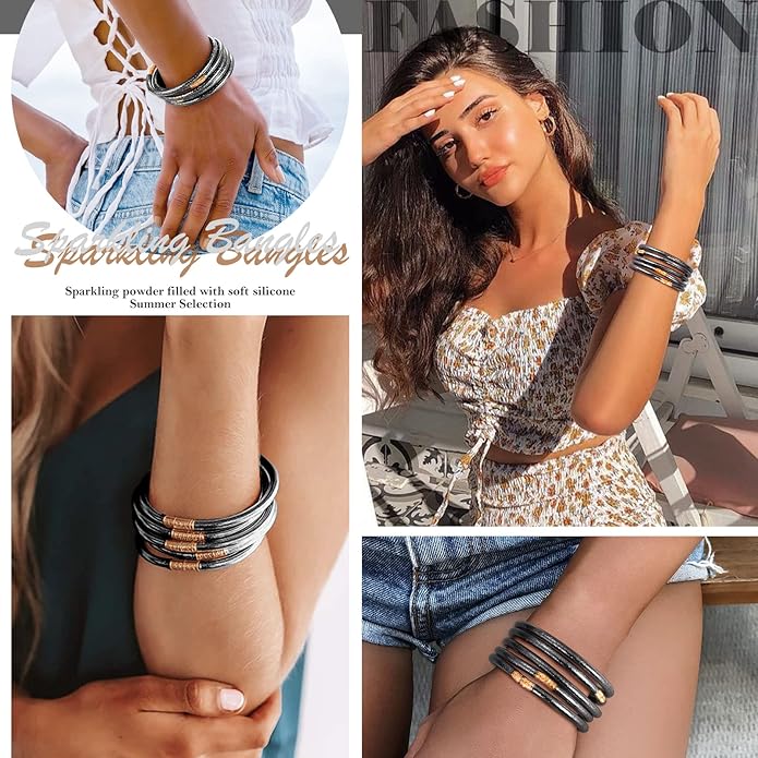 MJartoria Glitter Jelly Bangles Bracelets Set Glitter Filled Jelly Silicone Bracelets for Women