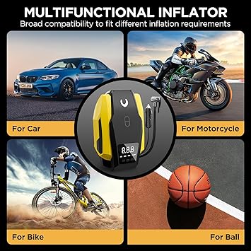 Tire Inflator Portable Air Compressor, Tire Air Pump for Car Tires, 12V DC 150PSI Auto Bike Pump with Digital Pressure GaugeLED Light, Yellow, Large