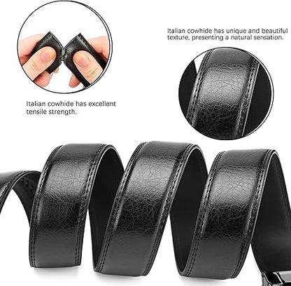 Mens Ratchet Belt Click Slide Black Leather Belt 1.38" Wide