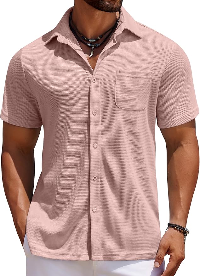 COOFANDY Men's Knit Button Down Shirts Casual Short Sleeve Polo Shirt Summer Beach Shirts with Pocket