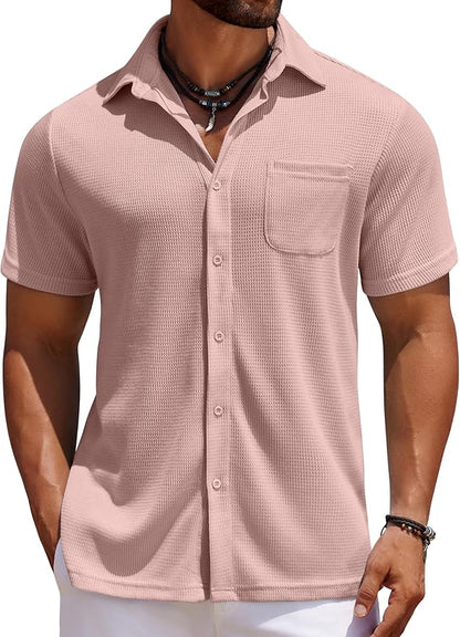 COOFANDY Men's Knit Button Down Shirts Casual Short Sleeve Polo Shirt Summer Beach Shirts with Pocket