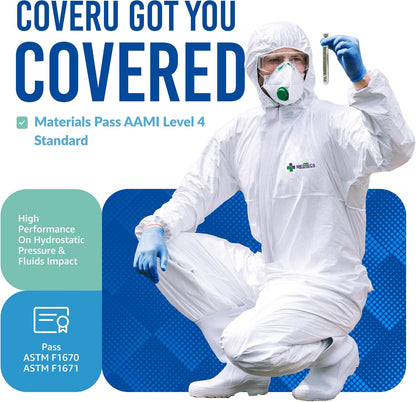 Medtecs Hazmat Suits - 6 Sizes Options - Disposable Coveralls Suit, Medical Protective Coverall PPE Hazmat Suits