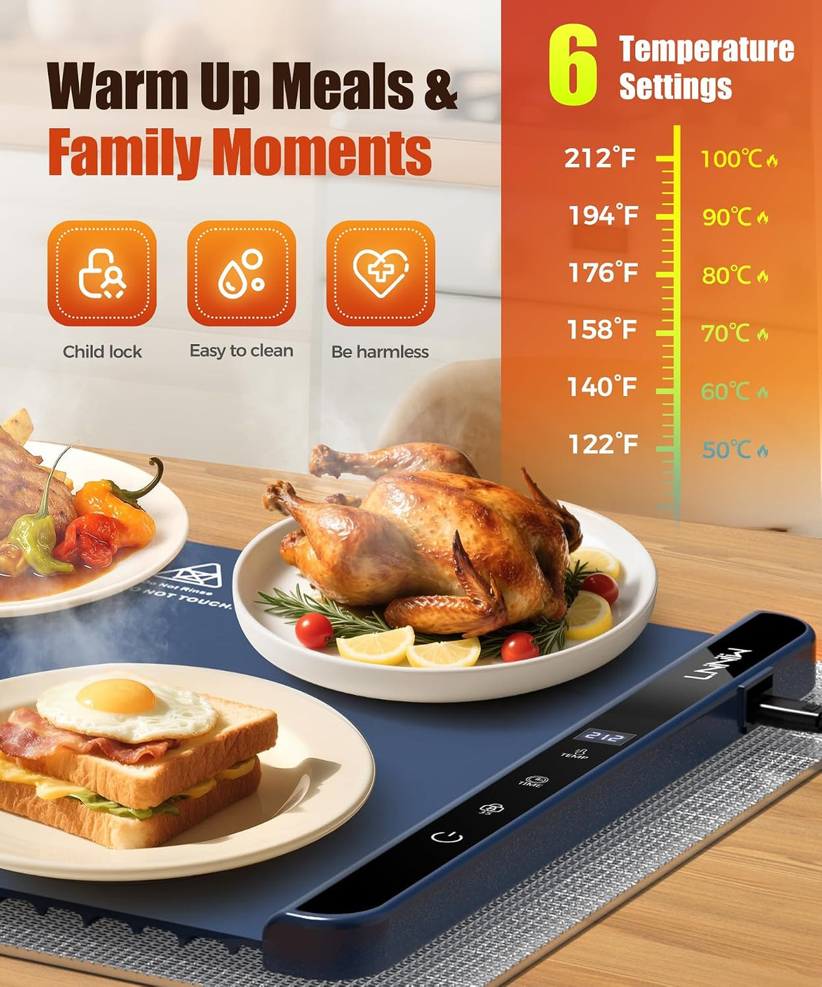 Extra Large Food Warming Mat with Heat-Resistant Pad, 36X15 Inch, 6 Temperature & 6 Timer Settings, Child Lock Safety, Fits More Dishes for Family Dinners and Parties (Foil Roll Not Included)