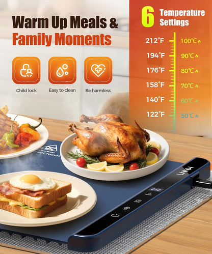 Extra Large Food Warming Mat with Heat-Resistant Pad, 36X15 Inch, 6 Temperature & 6 Timer Settings, Child Lock Safety, Fits More Dishes for Family Dinners and Parties (Foil Roll Not Included)