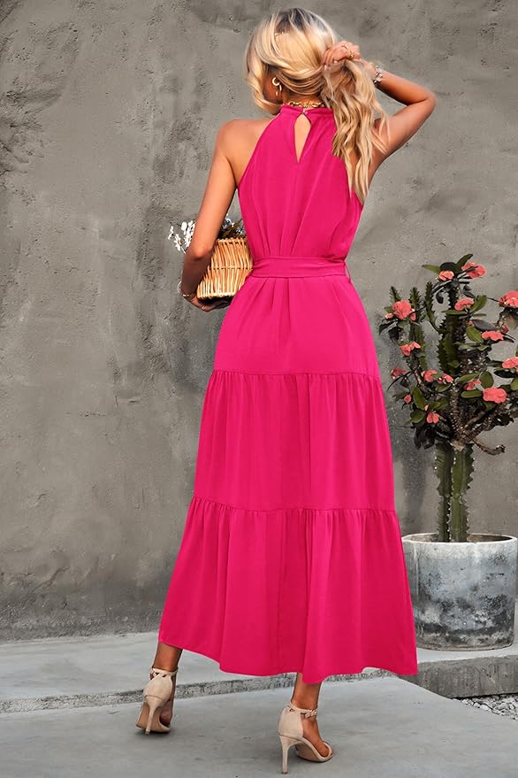 PRETTYGARDEN Women's Summer Floral Maxi Sun Dress Sleeveless Halter Neck Flowy Ruffle Hem Long Boho Dresses with Belt