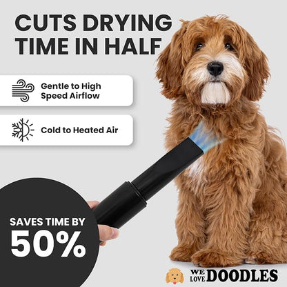 Dog Hair Dryer, High Velocity Blow Dryer & Pet Blower for Grooming, Black Adjustable Speed & Temperature Settings, Powerful Force Dryer Motor, Dries Fast & Fluffs Out Undercoat, Doodles & Poodles