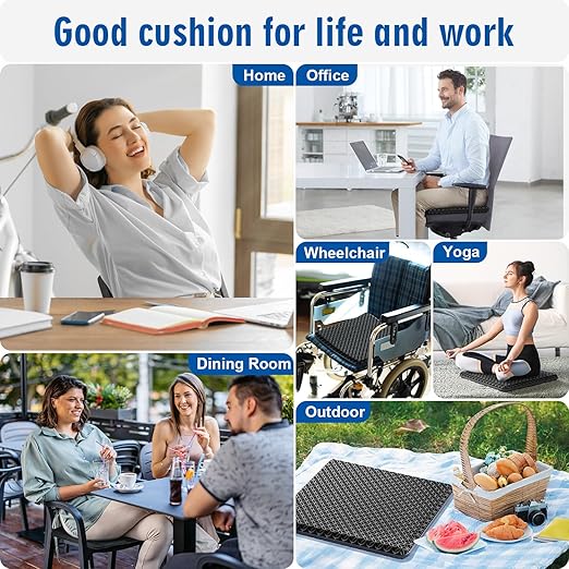 Seat Cushion, Gel Seat Cushion, Breathable Cool Suitable as Office Chair Cushion, Car Seat Cushion, Wheelchair Cushion, Large Size, Strong Support, Relieve Sciatica and Backache, 2 Anti-slip Covers1