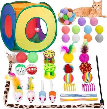 Retro Shaw 33 Pack Cat Toys, Interactive Indoor Cat Toys, Kitten with Folding Play Tunnel, Tent, Feather Wand, Teaser, Bell, Ball Springs