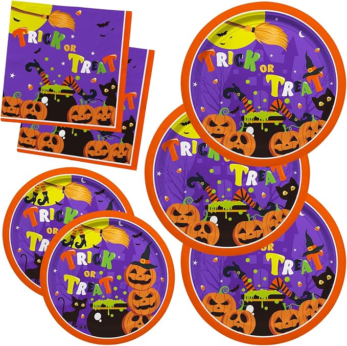 Halloween Party Supplies Kit Serve 50?Halloween Witch Pumpkin Design Includes Disposable Dinner Plates, Dessert Plates and Napkins, Birthday Party Decorations (Comes With Napkins and Small Plates only)