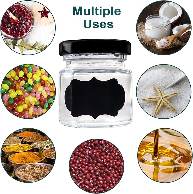 1.5 OZ Mini Hexagon Glass Jars, 48 Pack Empty Honey Jars Small Spice Jars with Black Lids and 50pcs Labels for Jam, Homemade Projects, Gifts, Wedding Party Favors