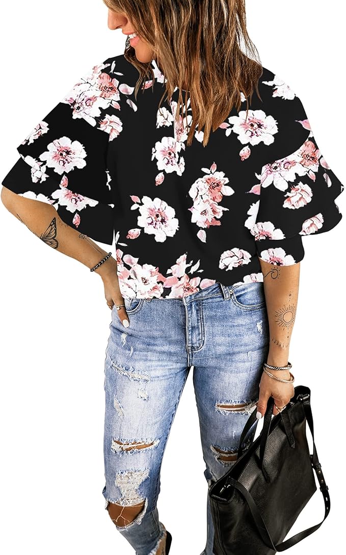 Luvamia Women's Casual 3/4 Tiered Bell Sleeve Crewneck Loose Tops Blouses Shirt