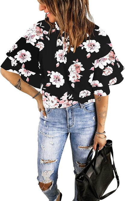 Luvamia Women's Casual 3/4 Tiered Bell Sleeve Crewneck Loose Tops Blouses Shirt