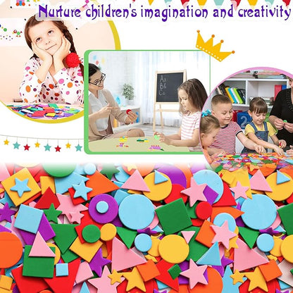 Gushu 1500Pcs Foam Stickers Foam Shapes Stickers for Kids,10 Colors Self Adhesive Craft Supplies Geometric Stickers with Googly Eyes for Preschool Craft DIY Program (Circle, Square, Triangle, Star)