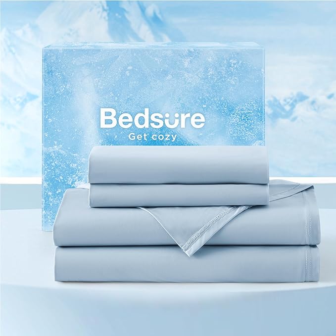 Bedsure Cooling Sheets Queen Size, Cooling Bedsheets for Hot Sleeper, Chill Cool Sheet, Deep Pocket Up to 17.5 Inches, Soft  Breathable Bedsheets, 4 Pieces, Blue