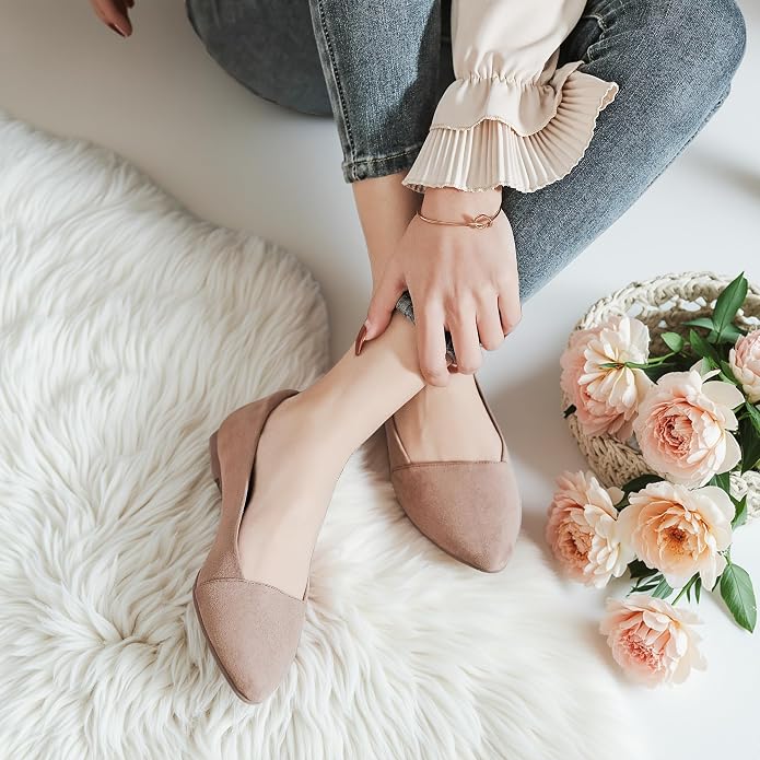 Ataiwee Women's Wide Width Flat Shoes Pointed Ballet Flats | Elegant Faux Suede Slip-On Flats with Anti-Slip Sole for Office.