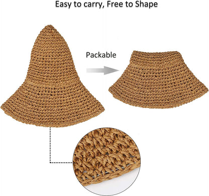 Women Straw Hat Wide Brim Beach Sun Cap Foldable Large Lady Floppy 100% Natural Paper Braided for Travel Summer Vacation