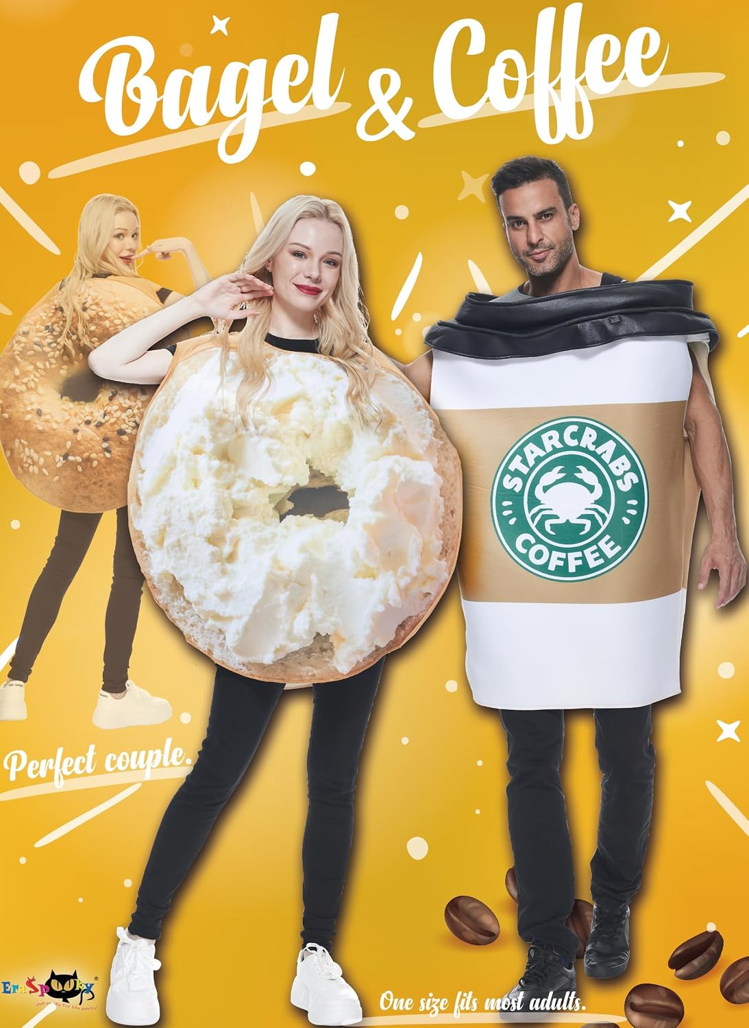 EraSpooky Unisex Adult Couples Bagel Coffee Costume 2 Pc Jumpsuit Halloween Costume One Size Set