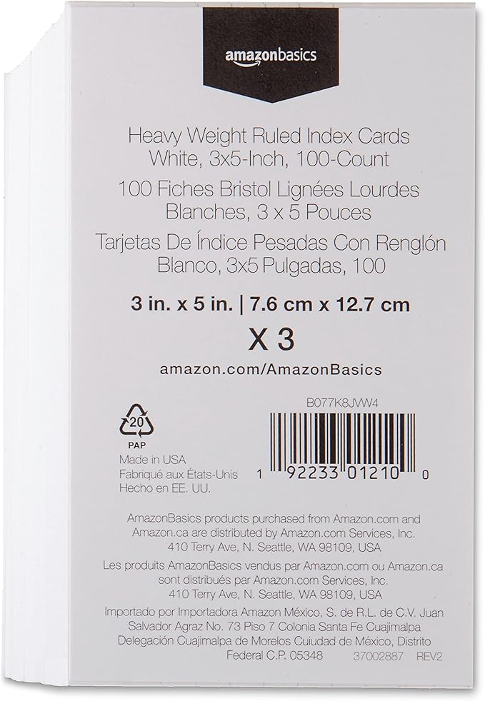 Basics Heavy Weight Ruled Lined Index Cards, 300 Count, 100 Pack of 3, White, 3 x 5 Inch Card