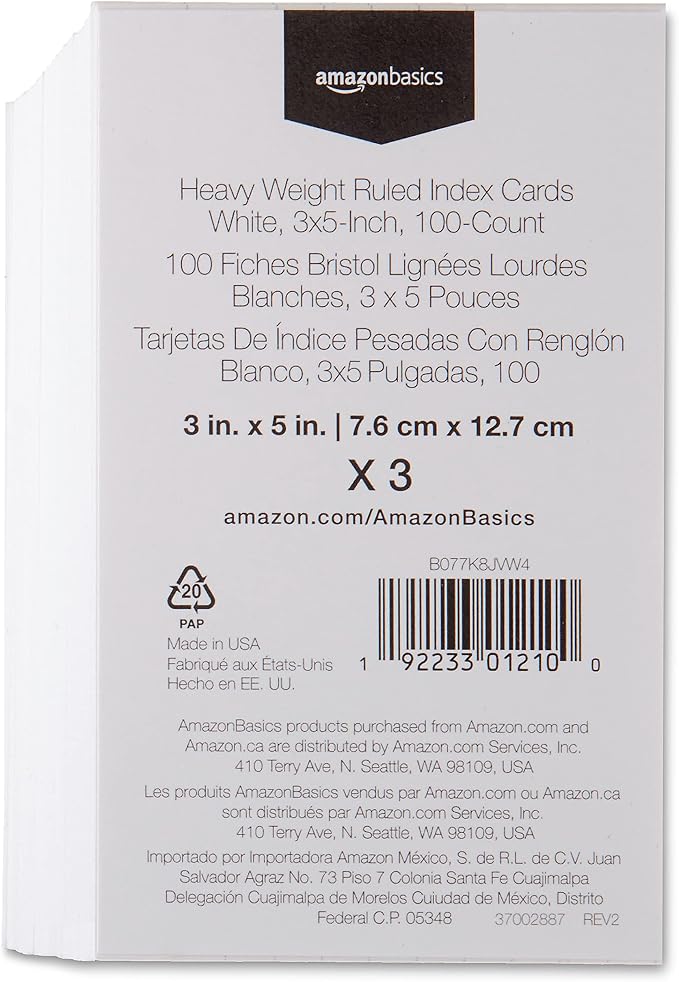 Basics Heavy Weight Ruled Index Cards for Studying and Note Taking, White, 3" x 5", 100 Count (Pack of 3, 300 Total)