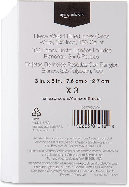 Basics Heavy Weight Ruled Index Cards for Studying and Note Taking, White, 3" x 5", 100 Count (Pack of 3, 300 Total)