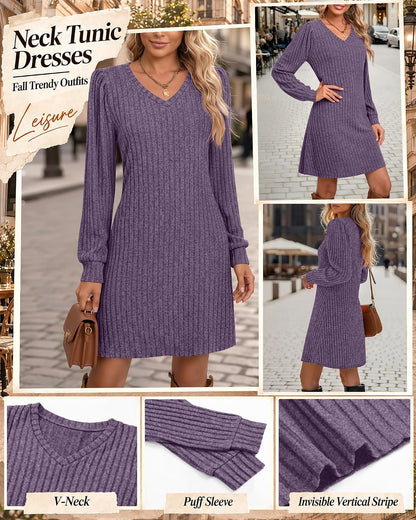 Ficerd Women's Knit Long Sleeve Sweater Dress Casual V Neck Tunic Dresses Fall Trendy Outfits