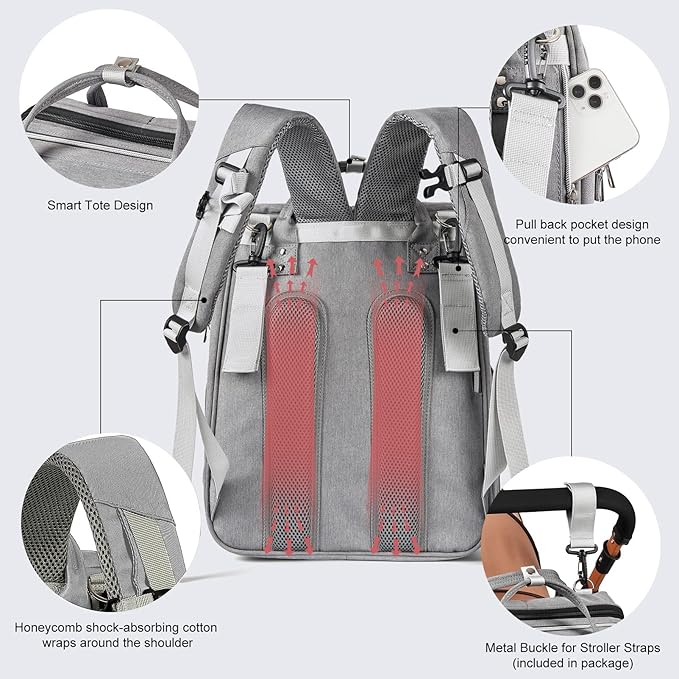 Diaper Bag Backpack, Large Capacity Multifunction Baby Bag for Boy Girl, Travel for Moms Dads, Baby Registry Search Shower Gifts Waterproof and Stylish Gray