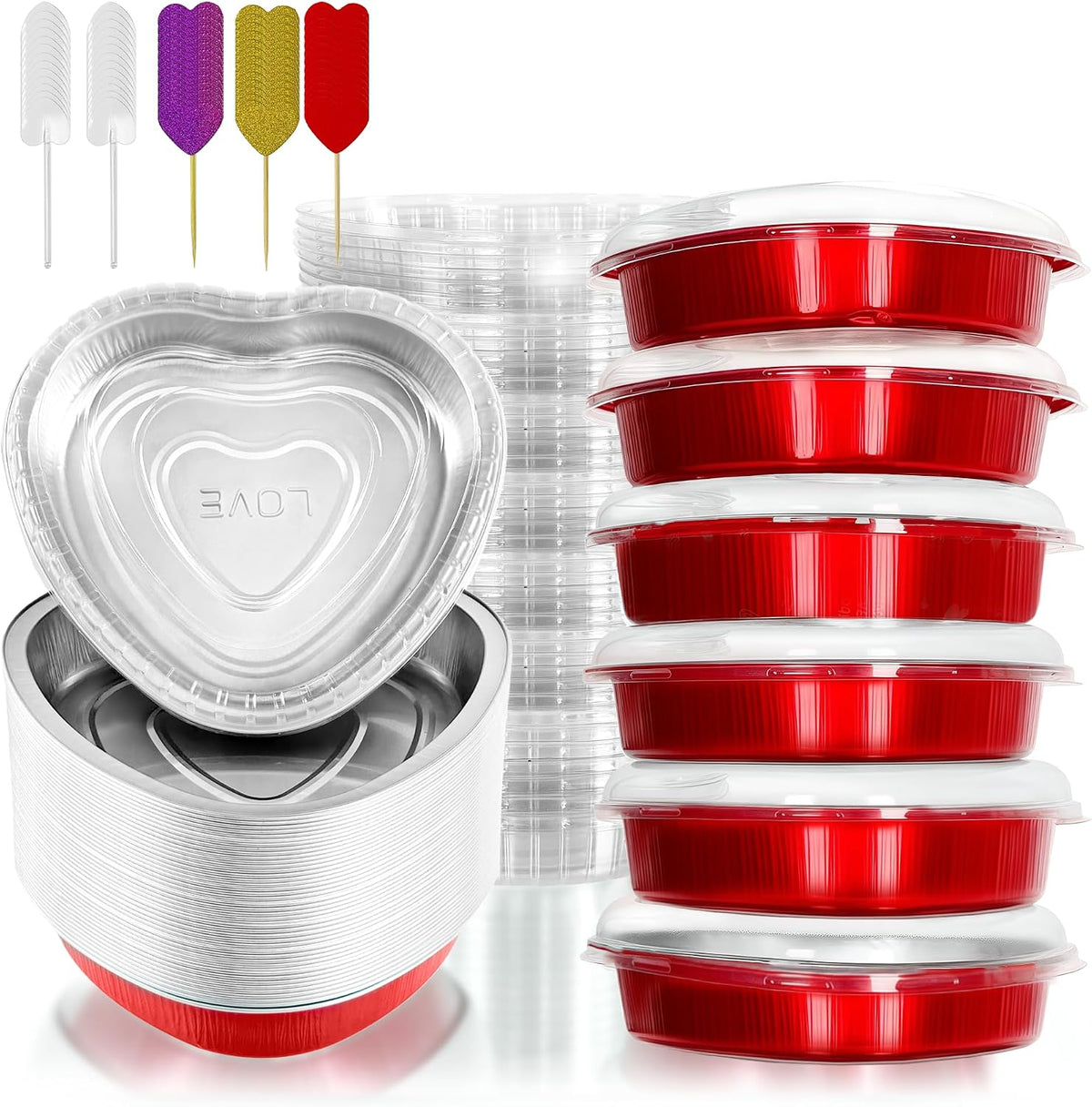 yeload 24 Pack 8 Inch Heart Shaped Cake Pans with Lids, 23oz Large Disposable Foil Heart Pans for Valentine's & Mother's Day, Aluminum Heart Cake Pans, Valentine's Day Baking Kit (Red)