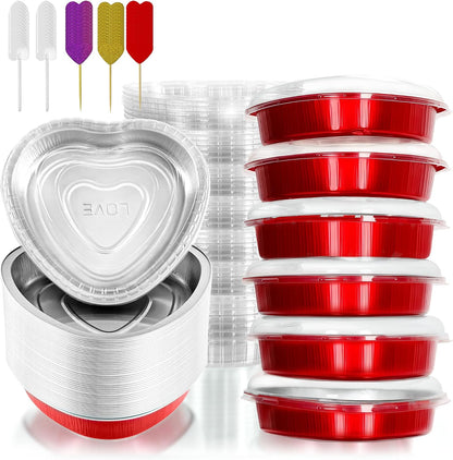 yeload 24 Pack 8 Inch Heart Shaped Cake Pans with Lids, 23oz Large Disposable Foil Heart Pans for Valentine's & Mother's Day, Aluminum Heart Cake Pans, Valentine's Day Baking Kit (Red)