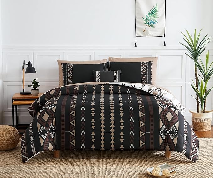 Geniospin King Size Comforter Set, Boho Bed in a Bag 8-Pieces Bedding Set, Reversible Aztec Design, Lightweight, Warm and Breathable (Brown, 102x90 Inches)