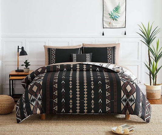 Geniospin King Size Comforter Set, Boho Bed in a Bag 8-Pieces Bedding Set, Reversible Aztec Design, Lightweight, Warm and Breathable (Brown, 102x90 Inches)