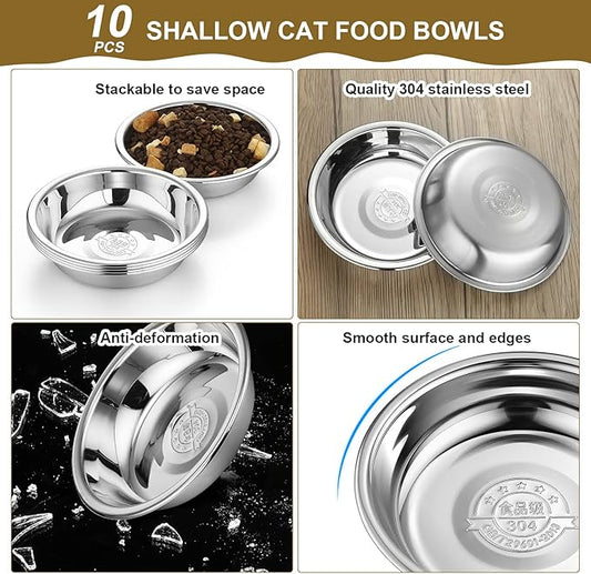10 Pcs Shallow Cat Food Bowls 6.3 Inches Replacement Stainless Steel Cat Bowls Fatigue Relief for Elevated Stand Metal Dishes Basic for Dishwasher Safe