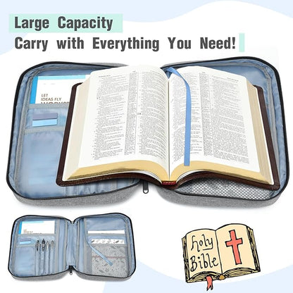 Bible Cover, Carrying Book Case Book Cover Church Bag with Handle and Zippered Pocket, Bible Protective Case w 200 PCs Bible Tabs for Men Women Mother Lady Girls (Gray)