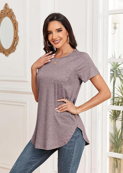 Newchoice Women's Short Sleeve Tunic Tops Casual Round Neck Loose Summer Basic Shirts With Pockets
